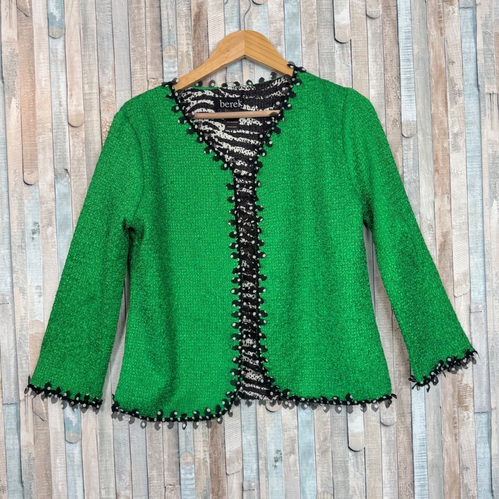 Berek L Reversible Open Front Jacket Zebra Print Crinkle Textured Polka Dot
